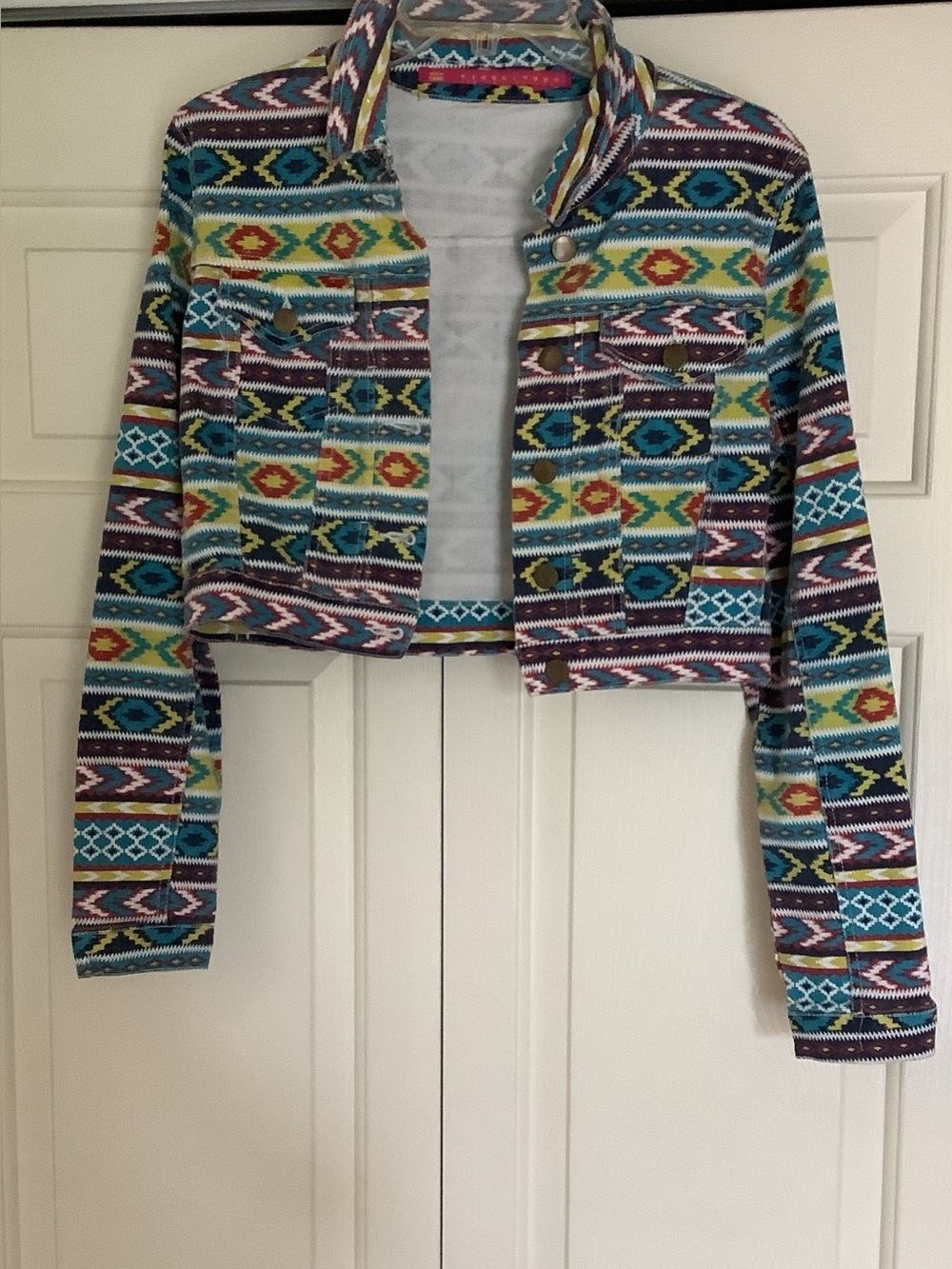 Tinseltown Multicolor Aztec Cropped Jean Jacket
